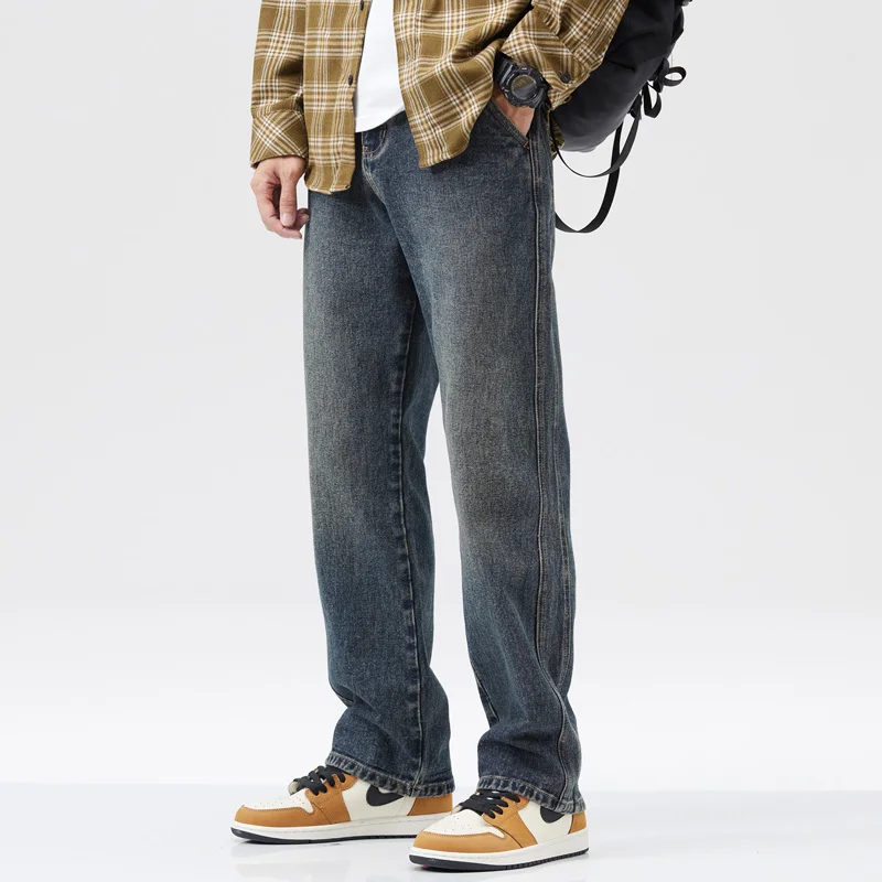 Retro Straight Wide Leg Jeans Men Loose Casual Autumn All-match Trousers Korean Fashion Streetwear Ins Hot Selling Men Clothing