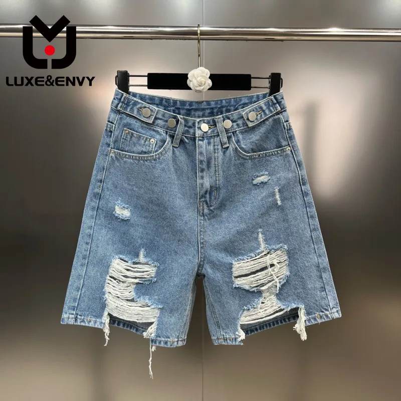 

Джинсовые шорты LUXE & ENVY женские, повседневные однотонные ажурные Короткие штаны с несколькими пуговицами, с высокой талией и дырками, лето 2023