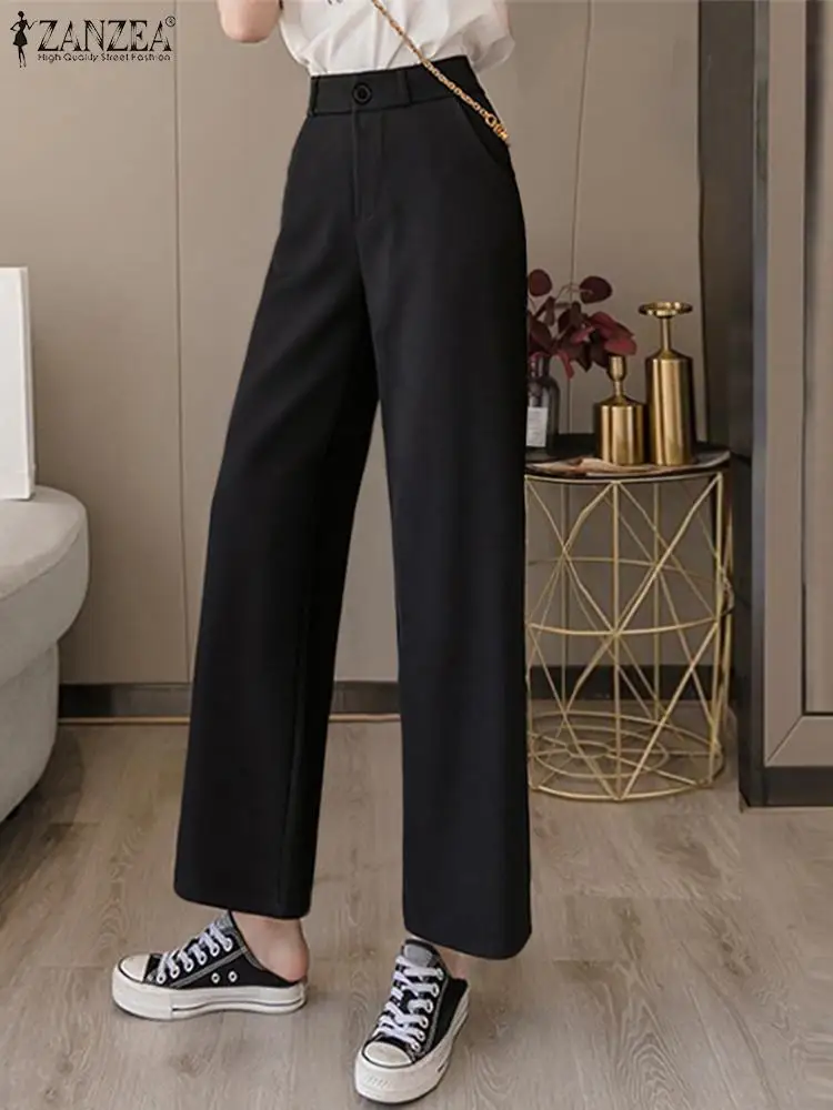 

ZANZEA Women Casual Cropped Pants High Waist 2023 New Wide Leg Pants Korean Fashion Elegant Long Trousers Pocket Office Pantalon