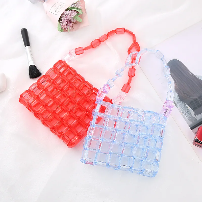 

Customized New Handwoven Acrylic Beaded Transparent Women's Bag Cute Contrast Mini Crystal Handbags for Women Lipstick Wallet