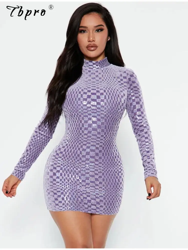 

Женское бархатное платье с блестками, элегантное облегающее платье с длинным рукавом и высоким воротником, шикарное клетчатое мини-платье ...