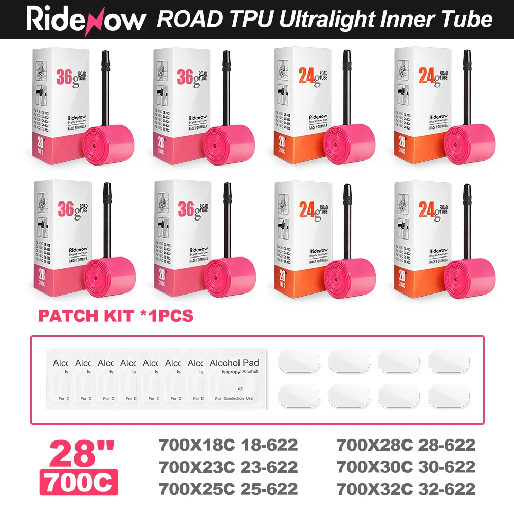 

RideNow 36g Ultralight Bike Inner Tube 700 x 18 25 28 32 Road Bicycle TPU Tire 45/65/85mm Length French Valve Super Light Tube