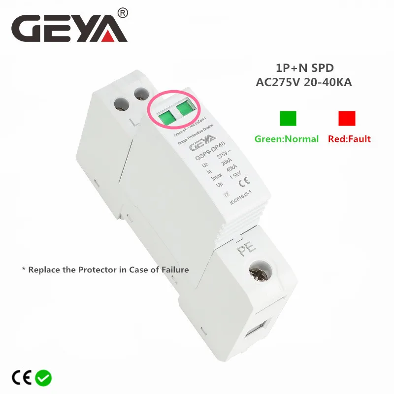 GEYA GSP9 1P + N 18mm SPD 20 ~ 40KA Protector contra sobretensiones protección contra rayos dispositivo descargador de bajo voltaje AC275V SPD