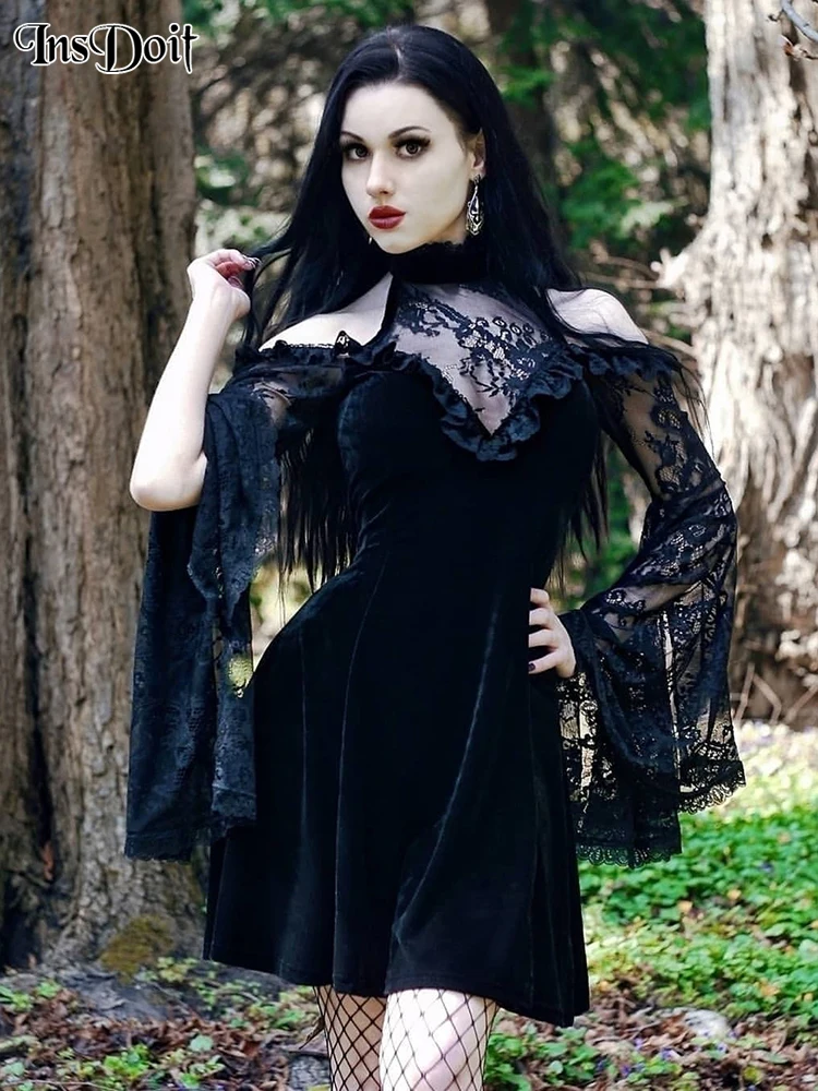 

InsDoit Mesh Vintage Black Off Shoulder Mini Dress Flare Sleeve Gothic Patchwork Long Dresses Women Elegant Mall Sexy Club Dress