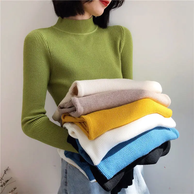 

Autumn and winter new avocado green half turtleneck sweater women's retro tight-fitting mid-neck knitted bottoming shirt