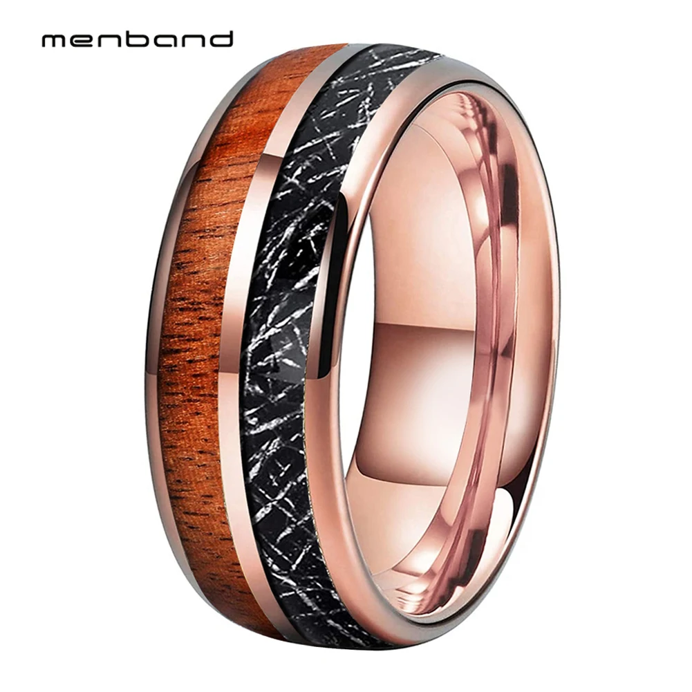 

Men Women Fashion Jewelry Rose Gold Tungsten Carbide Rings with Koa Wood Black Meteorite Inlay 8mm Domed Band Comfort Fit