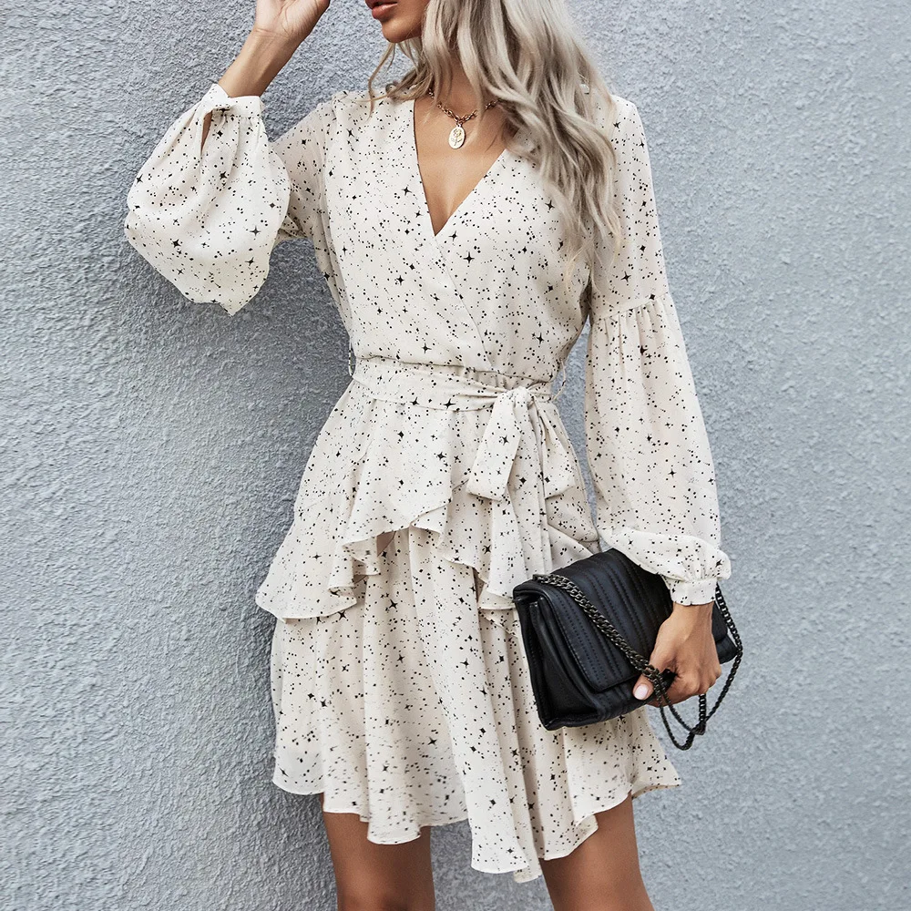 

New Women Spring Autumn Asymmetrical Printing Cascading Ruffle V-Neck Chiffon sexy dress elegant Office Lady woman dress