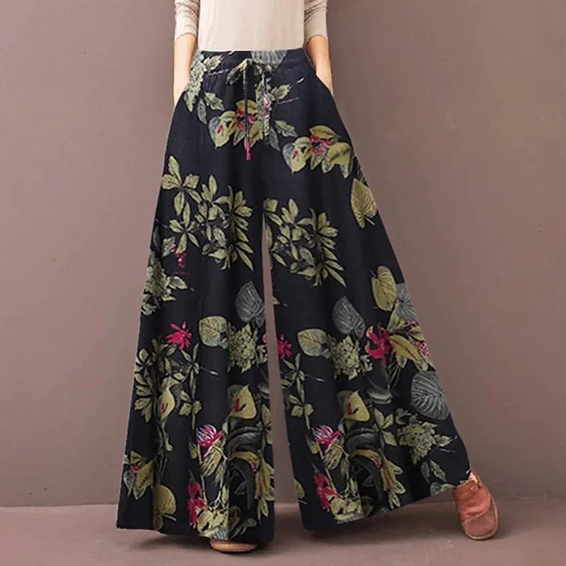 Retro Women Printing Wide Leg Pants Spring Autumn Fashion Drawstring Elastic Waist Trousers Ladies Casual Loose Pocket