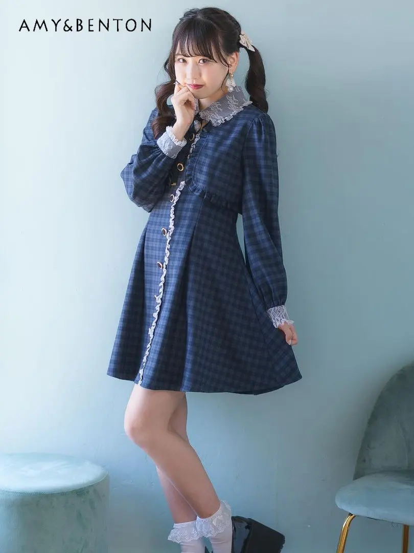 

Women's Streetwear Lolita Dress Long Sleeve Plaid Casual Short Dress Female High Fashion Quality Sexy Cute Dress