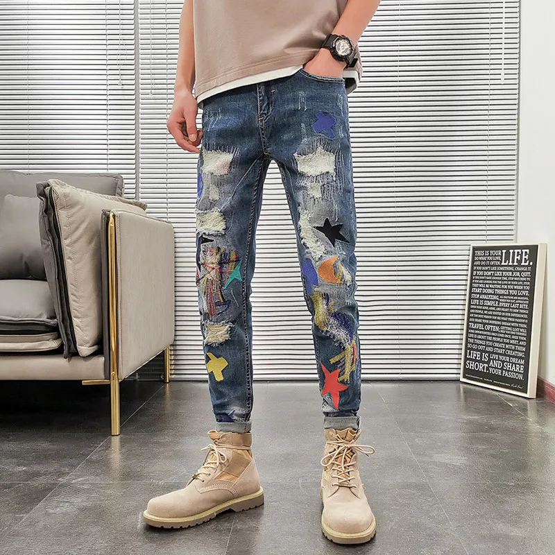 Streetwear Fashion Men Jeans Elastic Slim Fit Destroyed Ripped Jeans Men Embroidery Patches Designer Hip Hop Denim Punk Pants