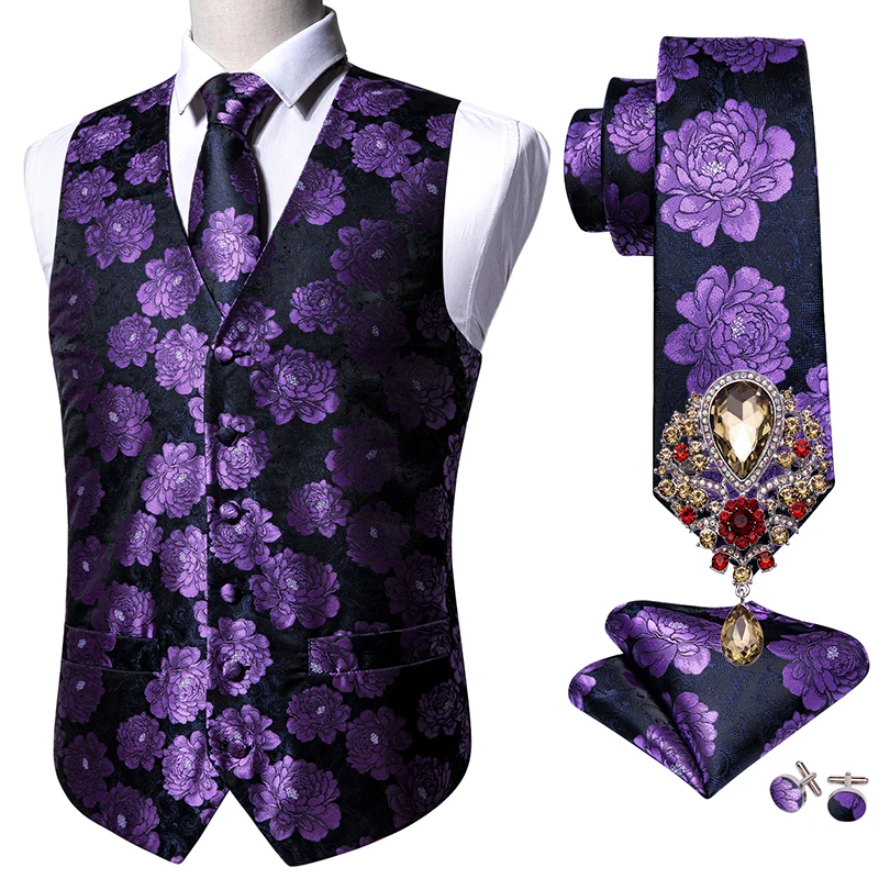 

5PCS Designer Mens Wedding Suit Vest Purple Floral Jacquard Folral Silk Waistcoat Tie Brooches Vest Set Barry.Wang Groom