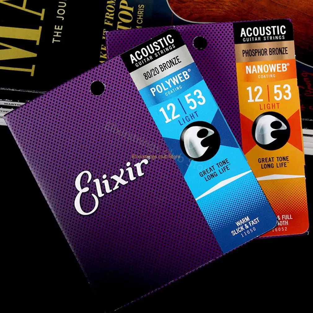 Elixir NANOWEB Acoustic Guitar Strings Ultra-Thin Coating Electric Guitar Strings 11002 11052 16027 80/20 Phosphor Bronze Nickel