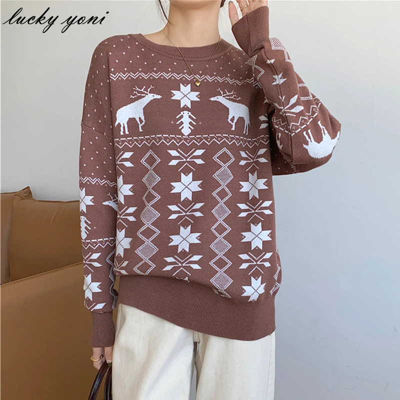 

Yoni Autumn Winter Christmas Fawn Knitted Sweater Women Casual Warm Long Sleeve Pullovers Female Loose O-neck Basic Jumper