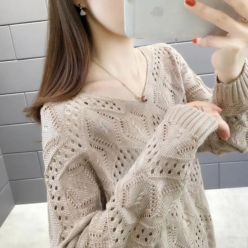 

Ladies Solid Color Hollow Bat Sleeve Sweater Ladies V-neck Long Sleeve Fashion Jacket Loose Jacket Short Winter Warm Clothing
