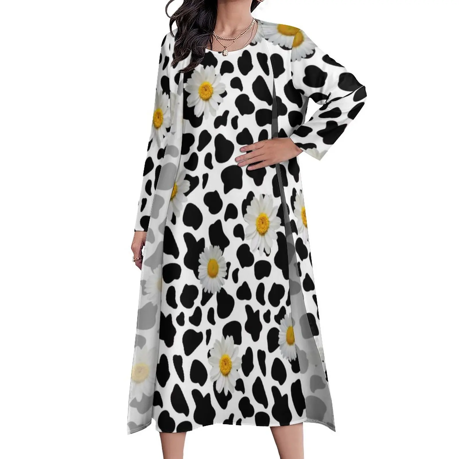 

Daisy Cow Print Dress Floral Animal Cow Print Trendy Maxi Dress Long Sleeve Bohemia Long Dresses Aesthetic Oversized Clothes