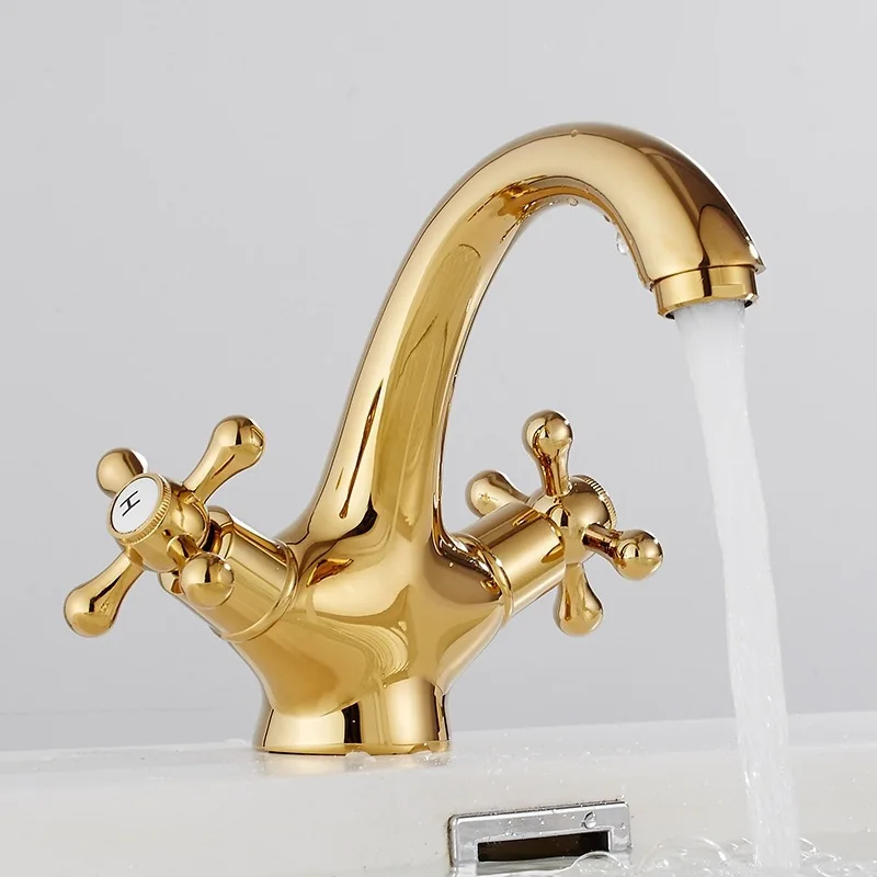 

Luxury crystal brass gold bathroom basin sink faucet deck mounted dual handle hot and cold water mix tap Golden faucets