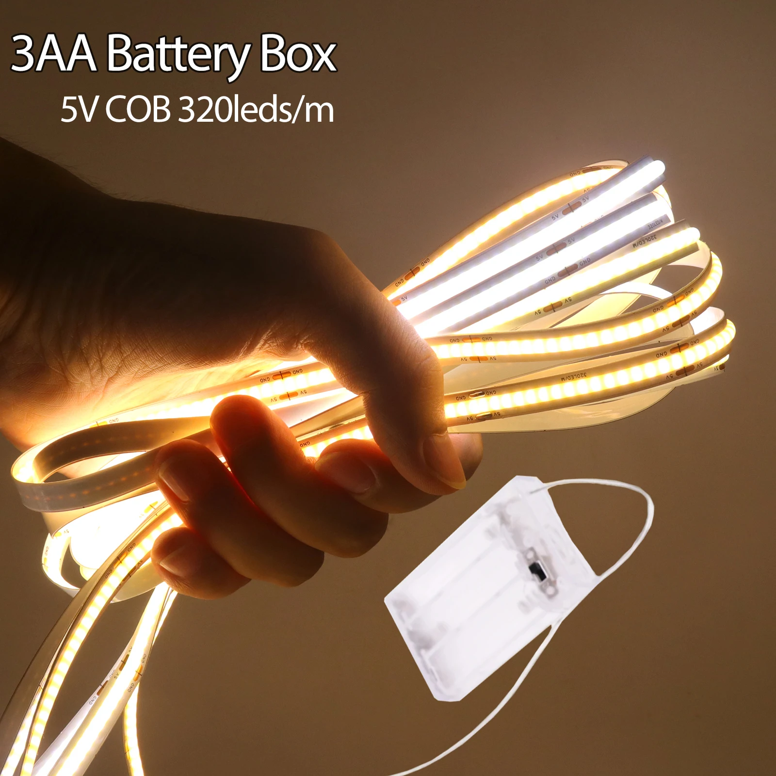 תיבת סוללות 3AA 5V רצועת LED COB 8MM 320LEDs/M חמה טבעית לבנה קרה גמישה תאורת רצועת COB לחדר שינה ארון טלוויזיה תאורה אחורית