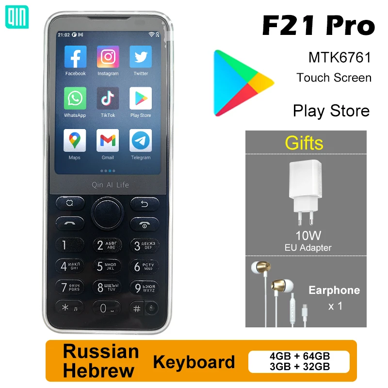 Qin F21 Pro Global Version Russian Hebrew Button Smart Touch Screen Phone Wifi 5G+2.8 Inch 3GB + 32GB / 4GB 64GB Play StorePhone