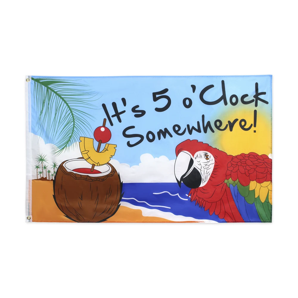 

It's 5 O'Clock Somewhere Flag Tropical Summer Holiday Decor Vivid Color Novelty Party Parrot House Flags with Brass Grommets