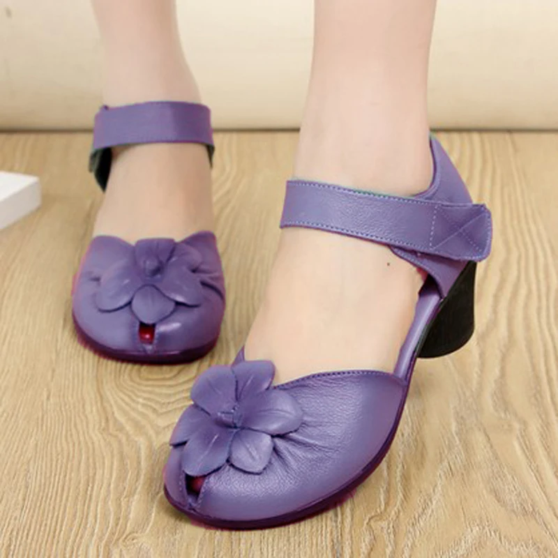

Elegant Floral Sandals Women 2023 Luxury Purple Leather Heels Shoes Caual Peep Toe Sandales Femme Mom Designer Mary Janes Sandal