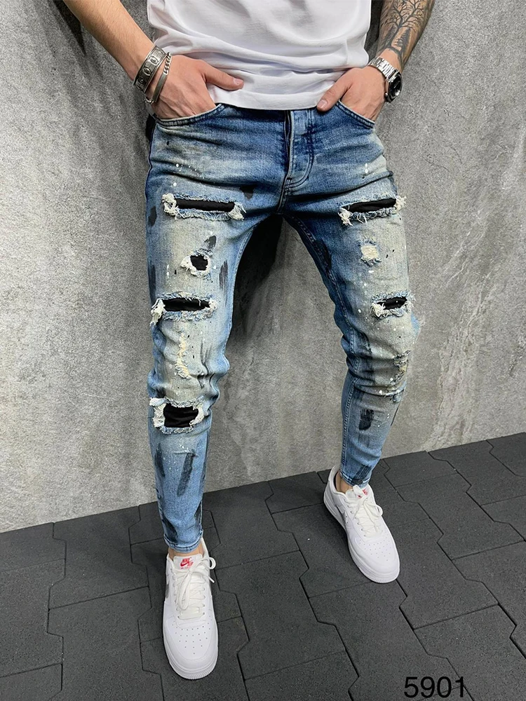 2022 New Ripped Jeans Hip Hop Denim Men trousers Trend Destroyed black slim-fit feet pants Men's paint jeans