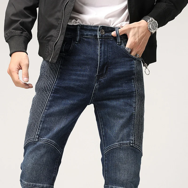 Streetwear Men Autumn and Winter New Pattern Splicing Self-cultivation Elastic Force Blue Pencil Pants Recreational Jeans Female