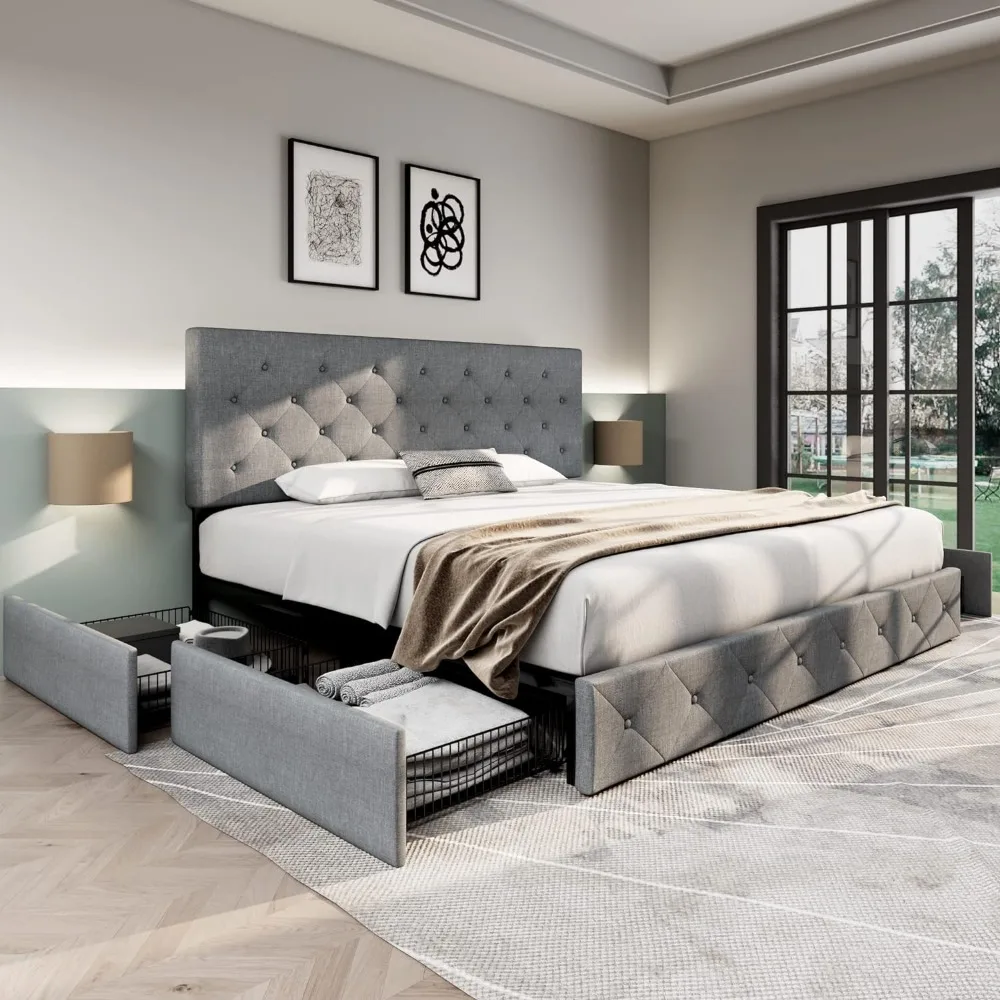 

Мягкая кровать большого размера с 4 ящиками для хранения и изголовьем кровати, цвет серый