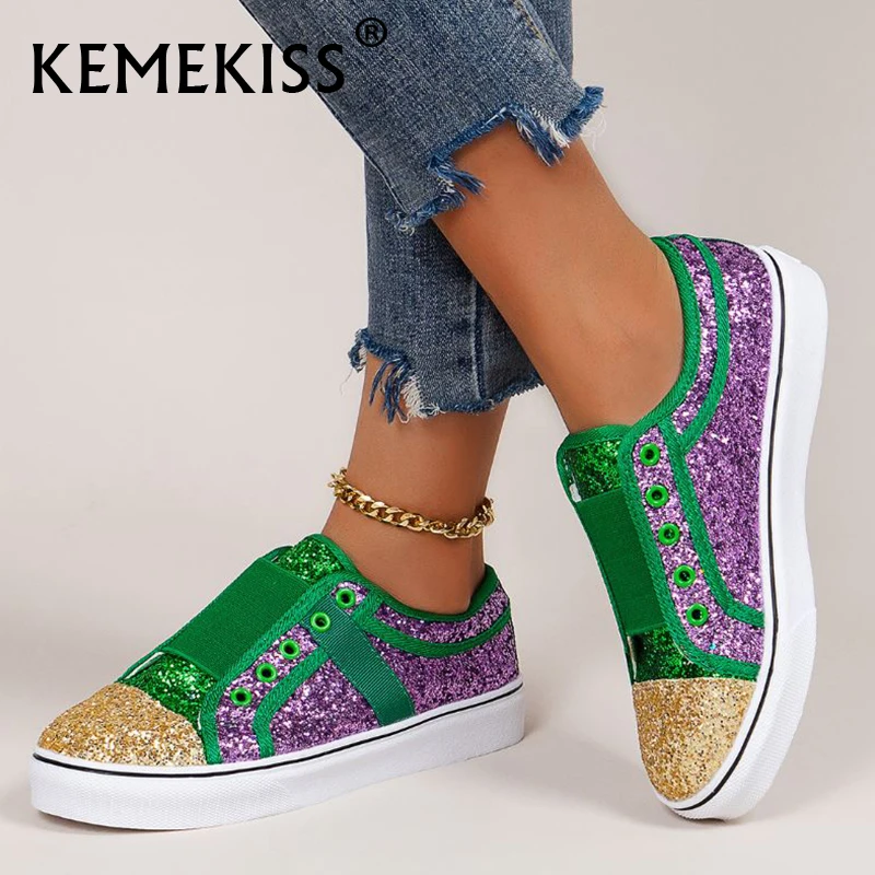 

KemeKiss New Women Flat Shoes Mixed Color Shiny Fashion Casual Ladies Shoes For Spring Ins Vacation Footwear Size 36-43