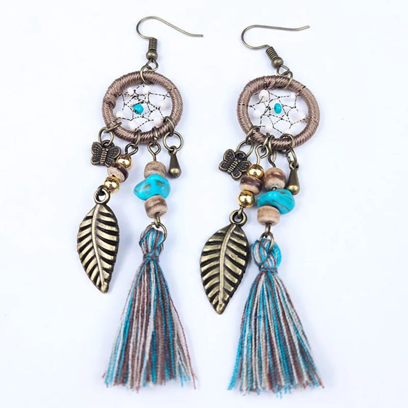 

Bohemian Ethnic Style Long Earrings Imitation Turquoise Leaf Tassel Handmade Fairy Dream Catcher Earrings