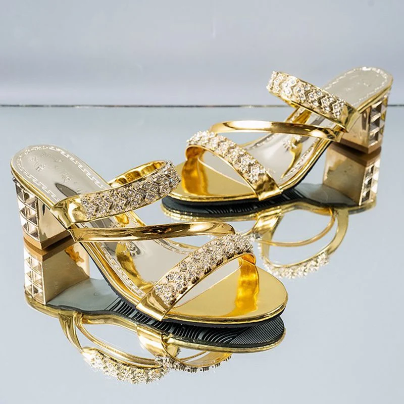 Женские Шлепанцы Без Шнуровки Со Стразами Летние Босоножки На Высоком Каблуке