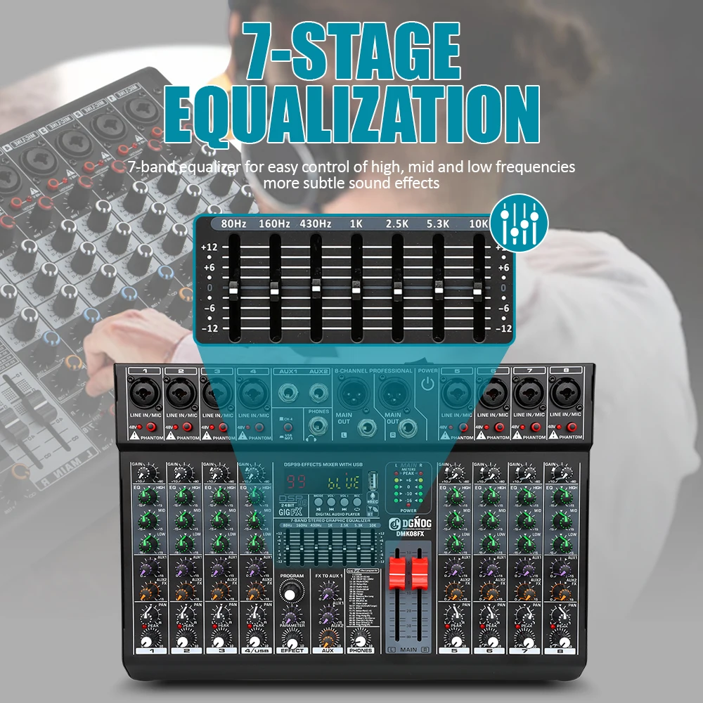 Фото Профессиональный 8-канальный аудиомикшер DGNOG DMK08FX DJ Sound Mixing Console с фантомным питанием 48 В Bluetooth USB для караоке-студии №5