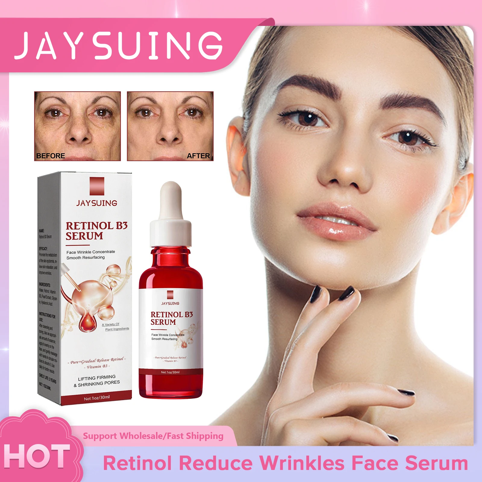 

Retinol Reduce Wrinkles Face Serum Firming Lifting Anti Aging Lighten Fine Line Spots Whitening Repair Skin Moisturizing Essence