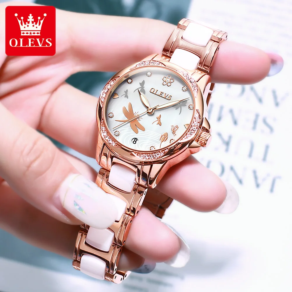 OLEVS Watches for Women Diamond Ceramics Strap Waterproof Automatic Mechanical Watch Full-automatic Fashion Ladies' Wristwatches