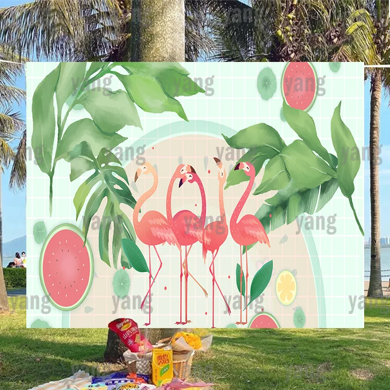 

Фон для фотографирования новорожденных девочек с розовым фламинго, листьями джунглей и цветами