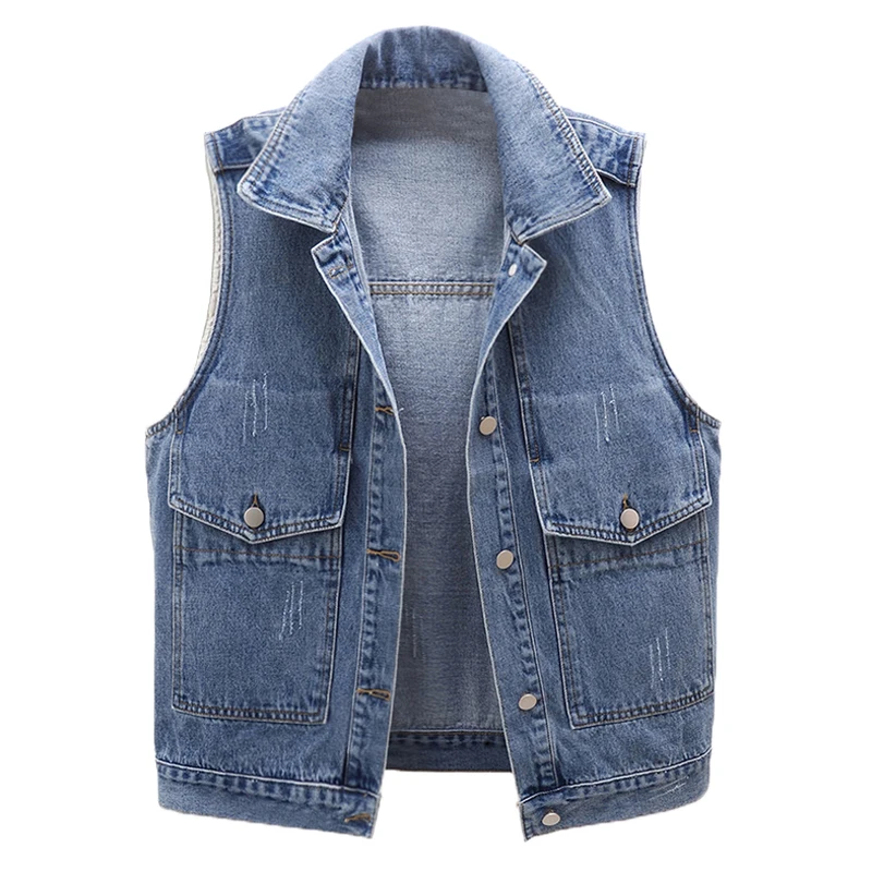 

Vintage Big Pocket Denim Vest Women Korean 2022 Spring Autumn New Sleeveless Jacket Jeans Waistcoat Loose Coat Female Tide G1906