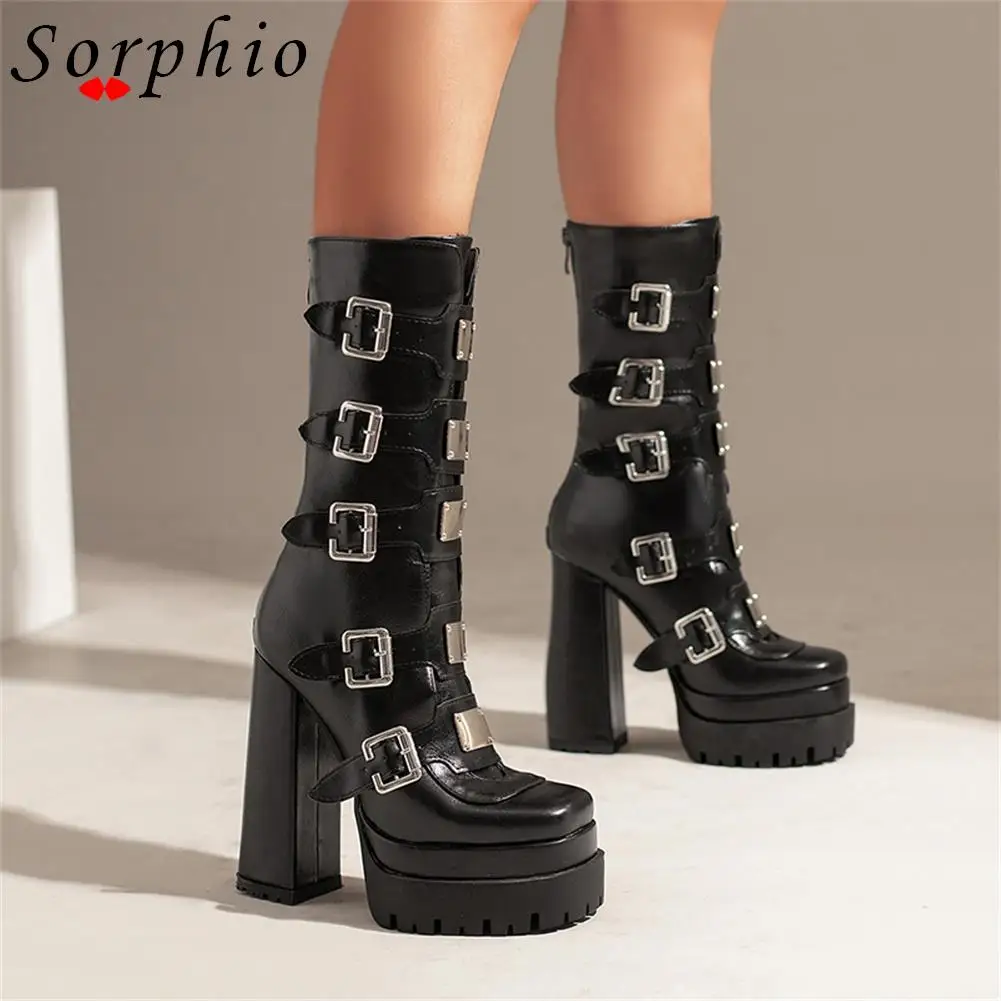 Female Motorcycle Platform Boots For Women Metal Design Fashion Brand New Ankle Med Calf Boot Shoes 2022 New Buckle Strap Goth