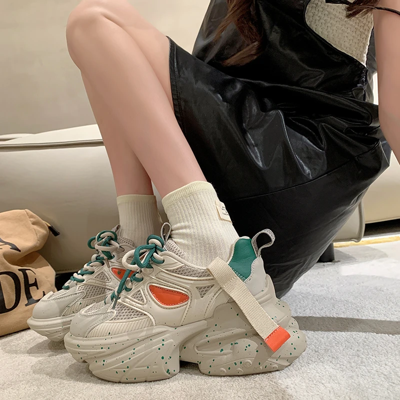 

Женские кроссовки на платформе, сетчатая спортивная обувь для бега, кроссовки с вулканизированной подошвой, на шнуровке, дизайнерская обувь для тенниса