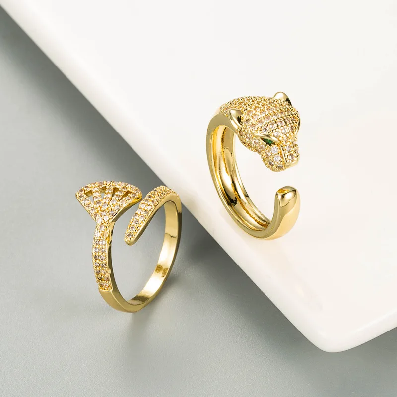 

Fashion Gold Color Metal White Zircon Leopard Head Open Ring Punk Vintage Adjustable Ring for Women Party Jewelry Gift
