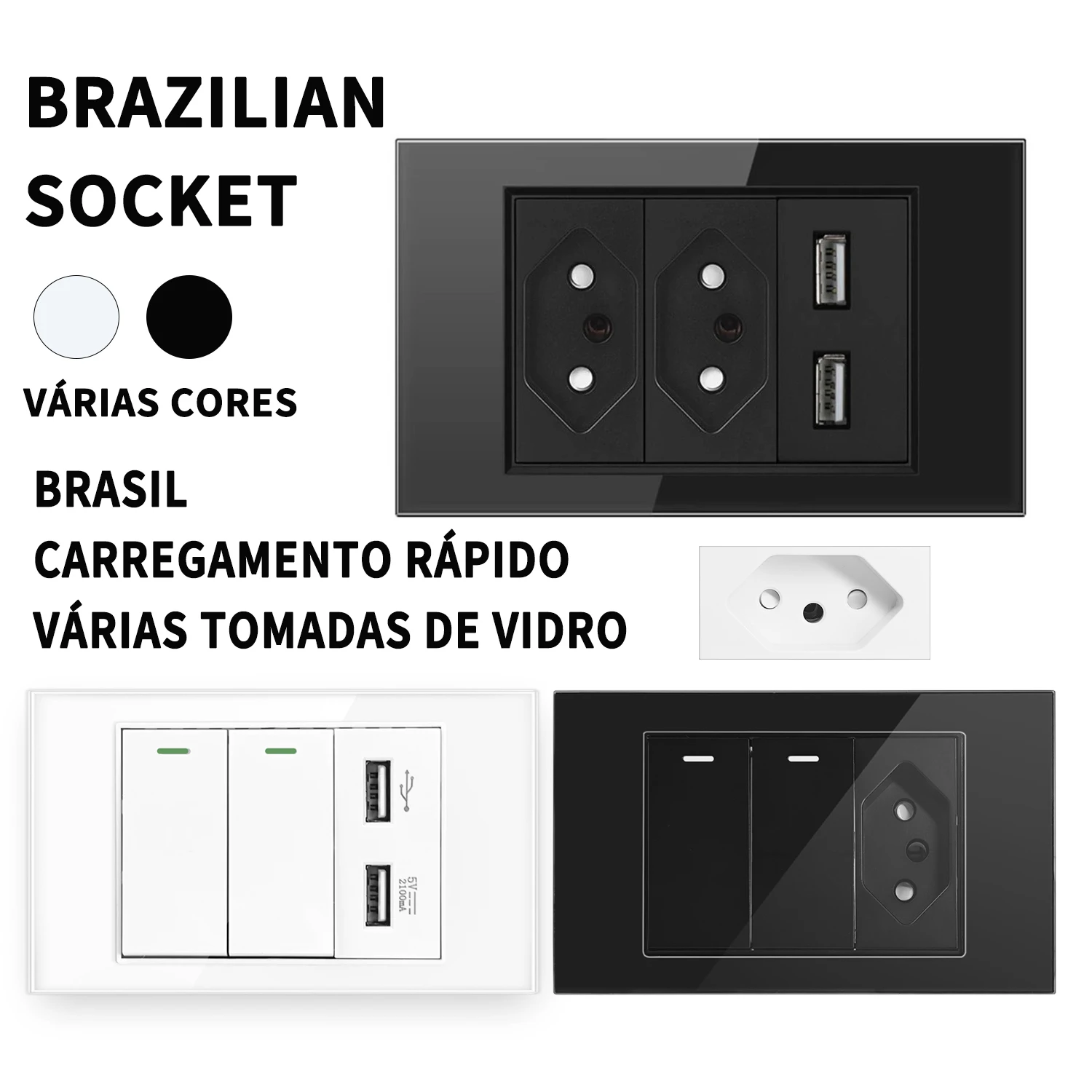 

Brazil Socket Wall Switch USB Output Various Combinations Luxury Tempered Glass Panel AC 110V-240V 20A Fireproof Material