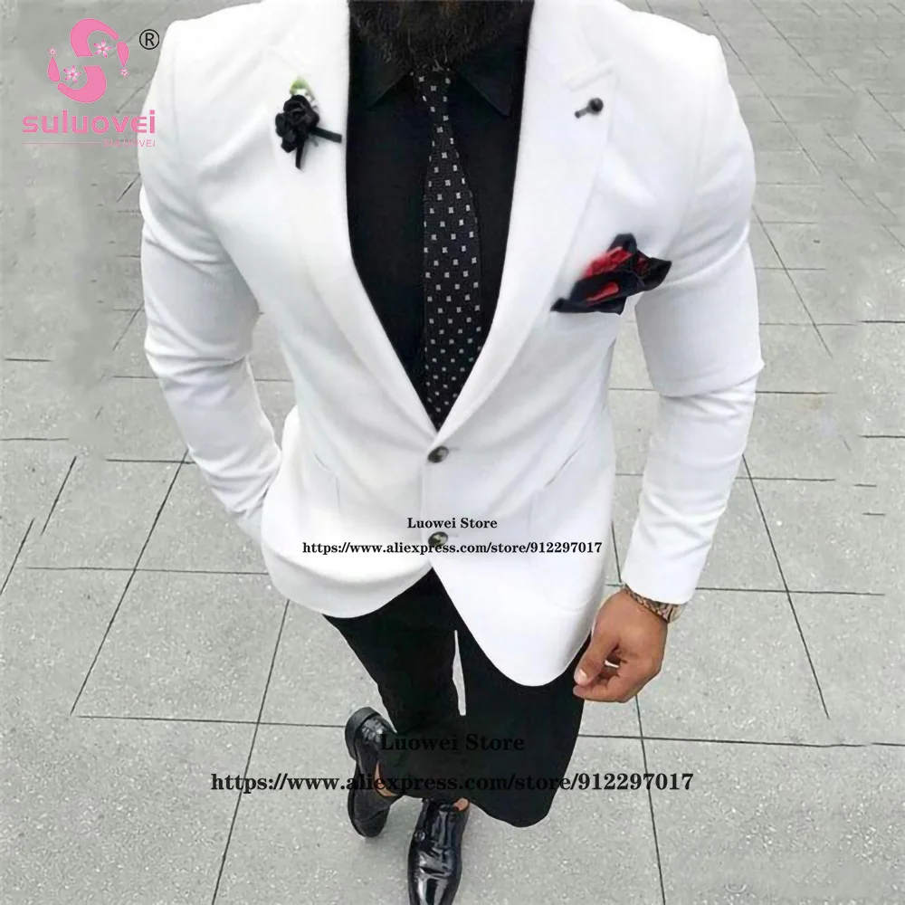 

Fashion White Suits For Men Slim Fit 2 Piece Jacket Pants Set Male Business Blazer Formal Groom Wedding Prom Peaked Lapel Tuxedo