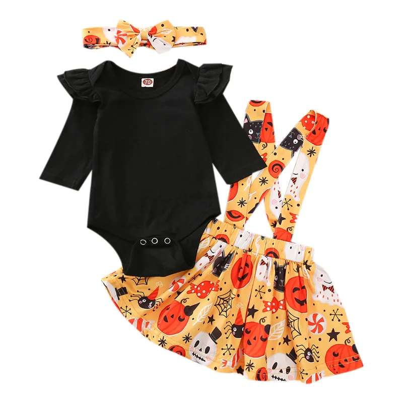 

Infants Baby Girl's Halloween Romper Set Fly Sleeve Romper + Pumpkin Spider Web Printed Suspender Skirt + Headband Outfits