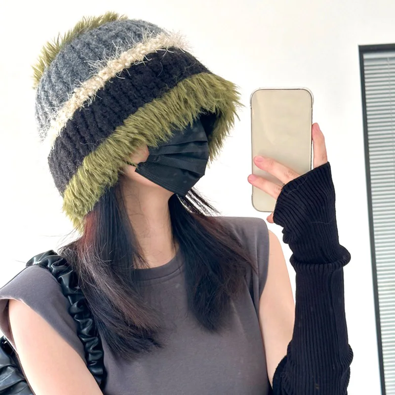 

Casual Fashion Plush Knitted Hat, Winter Warm Thicken Fisherman Hats, Color Matching Strip Aesthetics Bucket Cap, Charms Clothes