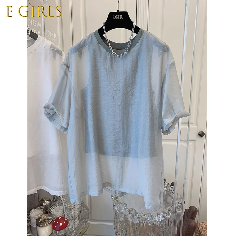 

E GIRLS Elegant Fake Two Pieces Short Sleeve O-neck Blouse Tops Causal Korean See Through Woman Blusas Shirt 2022 Summer New