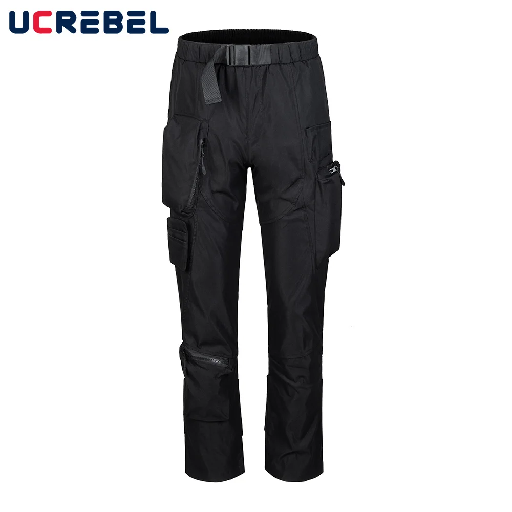 

Solid Color Casual Pants Mens Streetwear Belt Decoration Elastic Waist Loose Straight-leg Pants Multi-Pocket Functional Pants