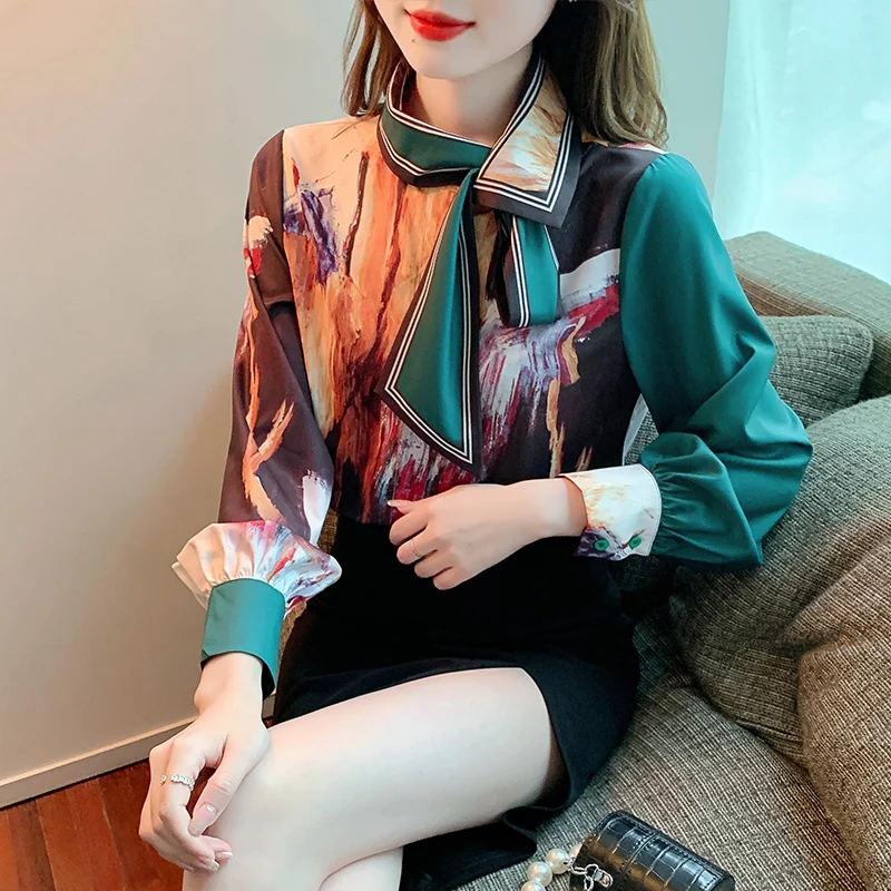 

Летняя блузка, Топ с длинным рукавом, женская одежда, корейская модная рубашка-поло, шифоновый Свободный пуловер с принтом для поездок Movafag