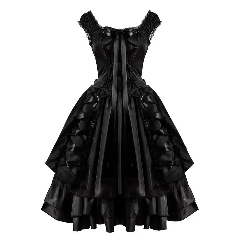 Gothic Darkness Lolita Costume Medieval Sleeveless Lace up Princess Dress Steampunk Layer Women Goth Halloween Fancy Outfit