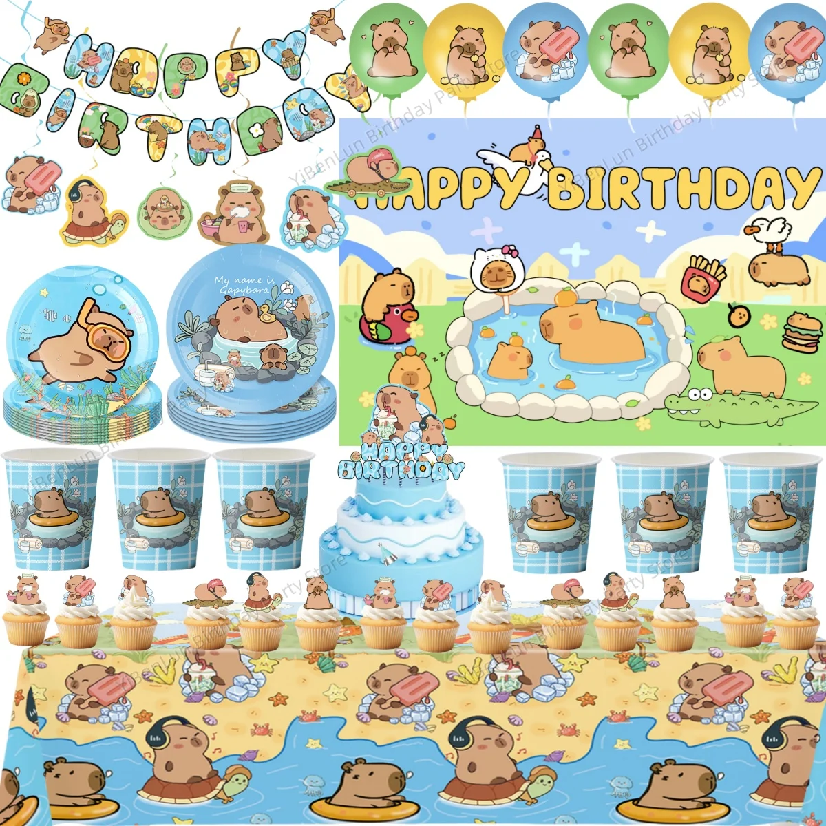 Мультяшная капибара декор для дня рождения милая одноразовая посуда скатерть