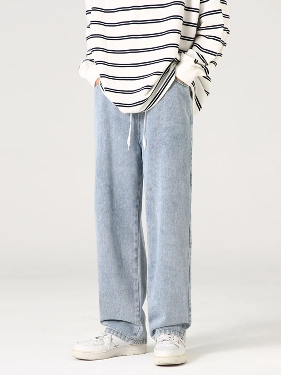 Four Seasons New Street Casual Loose Drawstring Jeans Men Loose Straight Casual Casual Drape Tide Brand Ins Wide Leg Long Pants
