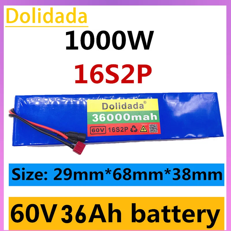 Фото Dolidada60V 16S2P 36Ah 18650 литий-ионный аккумулятор 67,2 V 36000mAh Электрический велосипед Ebike Scooter с BMS 1000 Вт Tplug №1
