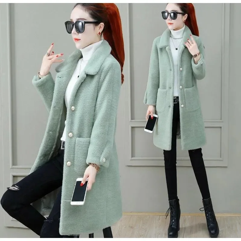 

Autumn Winter Women Faux Mink Fleece Jacket New Fashion Solid Loose Mid-Long Woolen Blended Coat Female Outerwear Mujer Coats